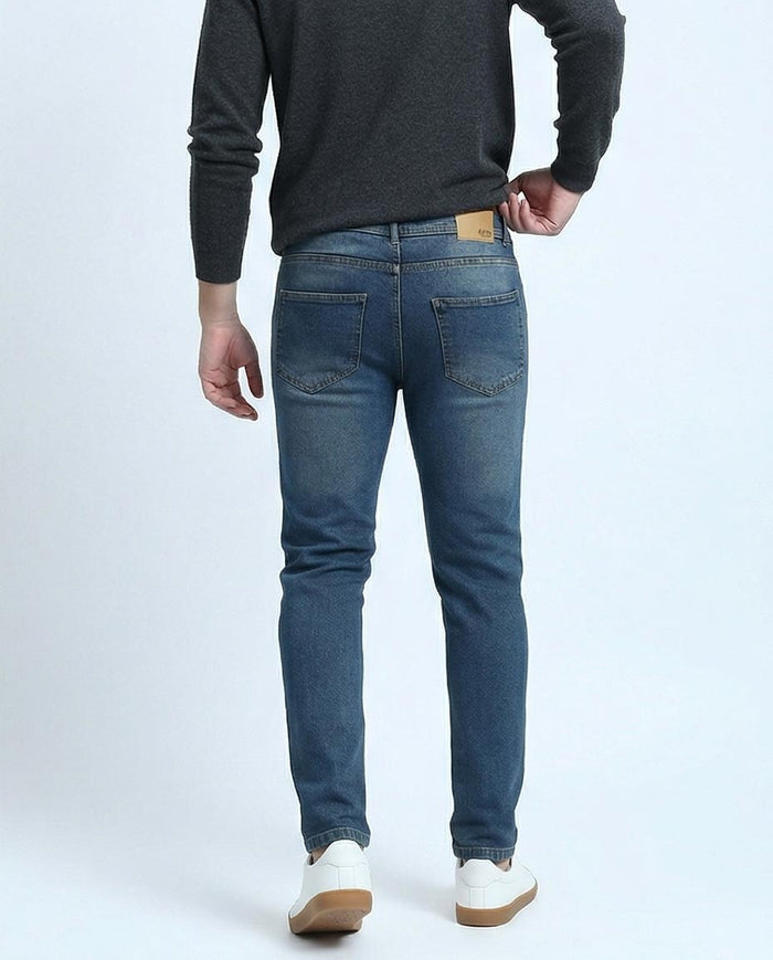 Blue Slim Leg Jeans - Solid Cotton Denim Pants for Men - O199296
