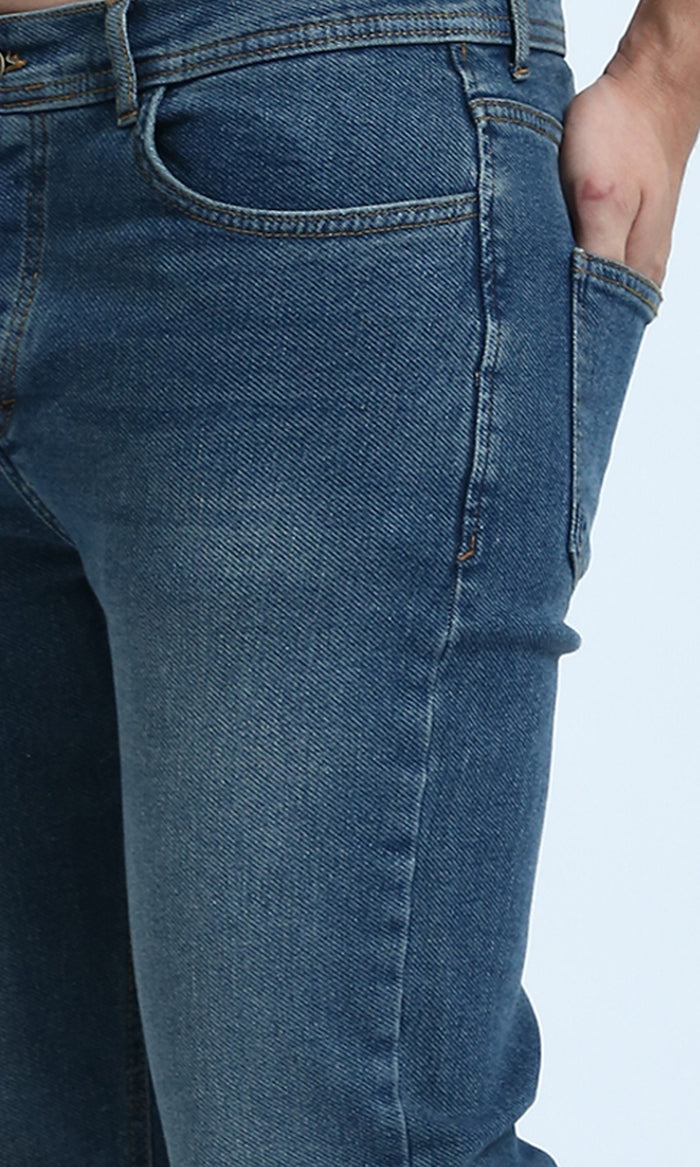 Blue Slim Leg Jeans - Solid Cotton Denim Pants for Men - O199296