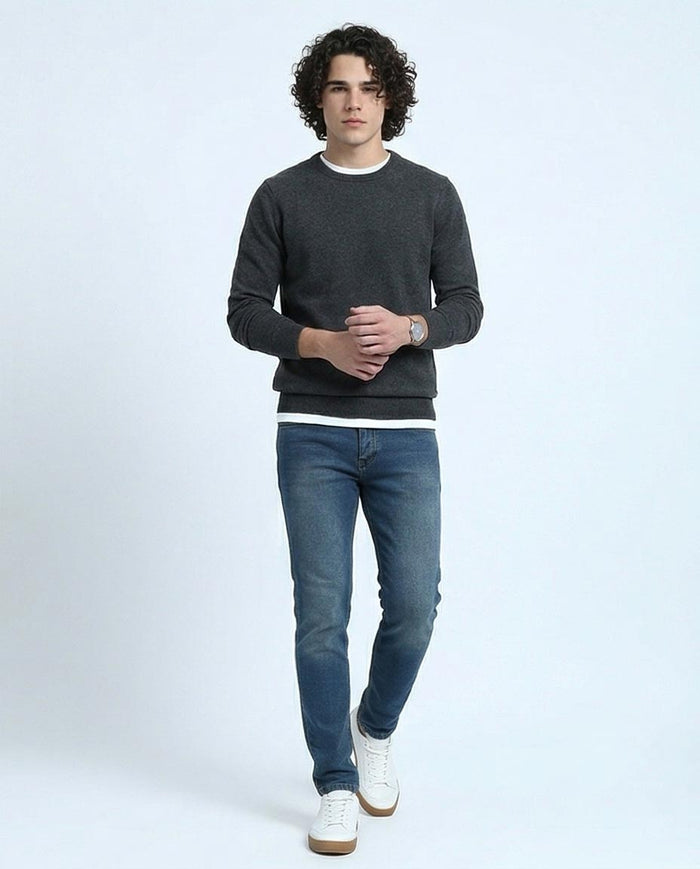 Blue Slim Leg Jeans - Solid Cotton Denim Pants for Men - O199296
