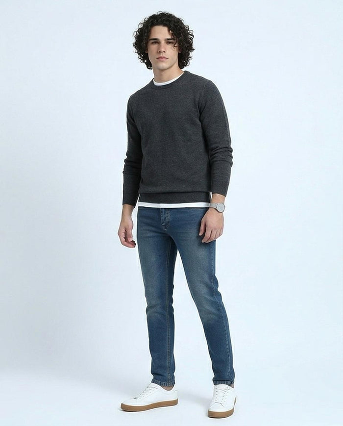 Blue Slim Leg Jeans - Solid Cotton Denim Pants for Men - O199296