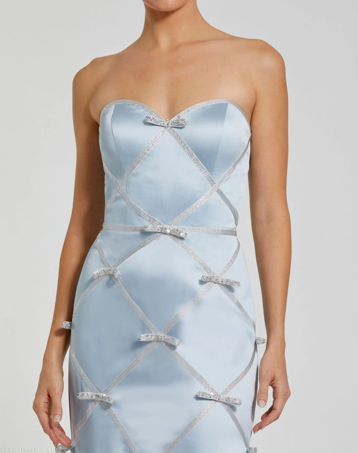 Blue Strapless Satin Trumpet Dress With Bow Details - Mac Duggal