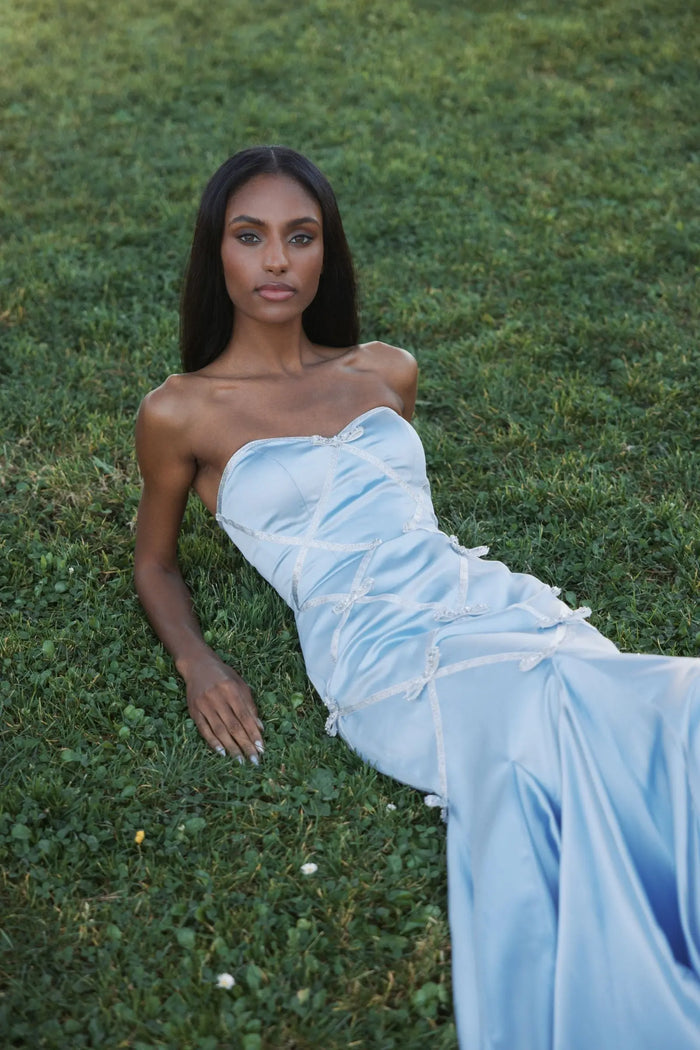 Blue Strapless Satin Trumpet Dress With Bow Details - Mac Duggal