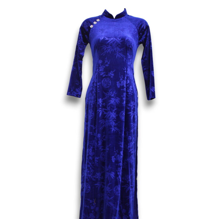 Blue velvet dress with floral pattern on a white background