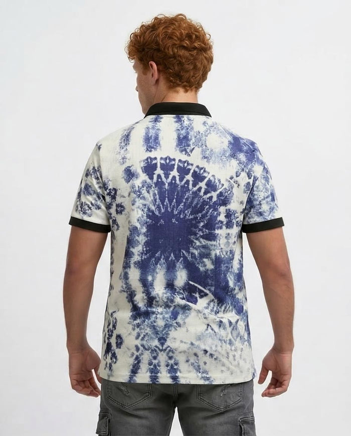 Blue & White Tie-Dye Short Sleeve Polo with Contrast Trim - O198432