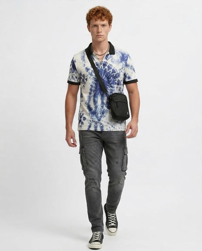 Blue & White Tie-Dye Short Sleeve Polo with Contrast Trim - O198432
