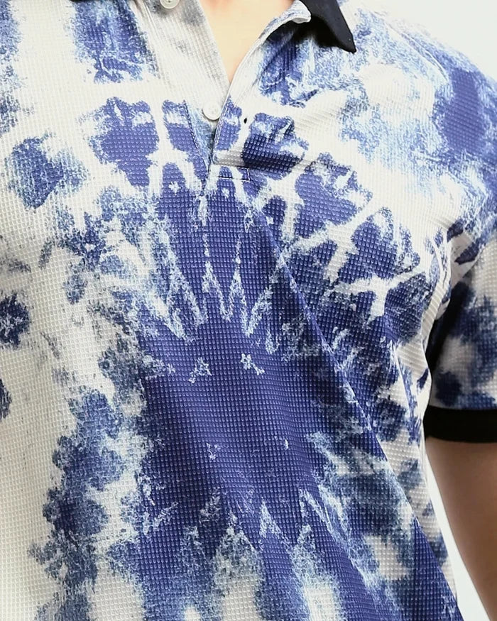 Blue & White Tie-Dye Short Sleeve Polo with Contrast Trim - O198432