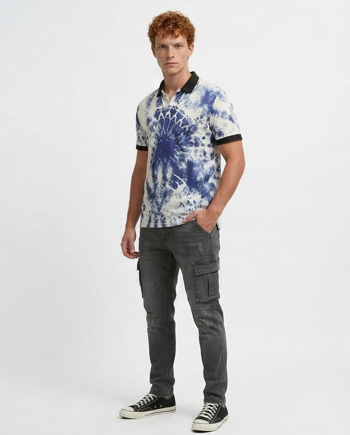 Blue & White Tie-Dye Short Sleeve Polo with Contrast Trim - O198432