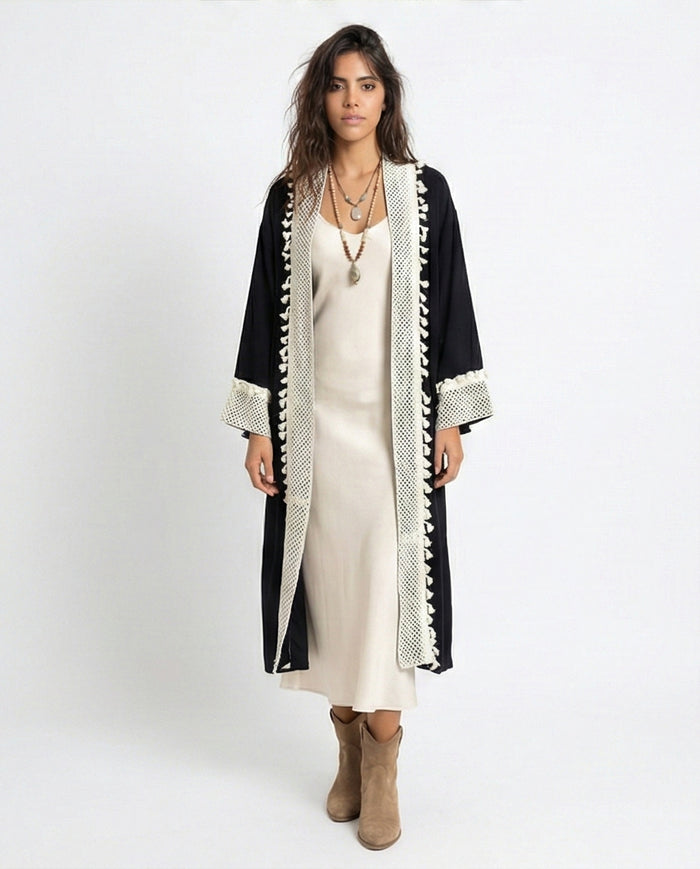 Bohemian Contrast Trim Longline Cardigan - O198046