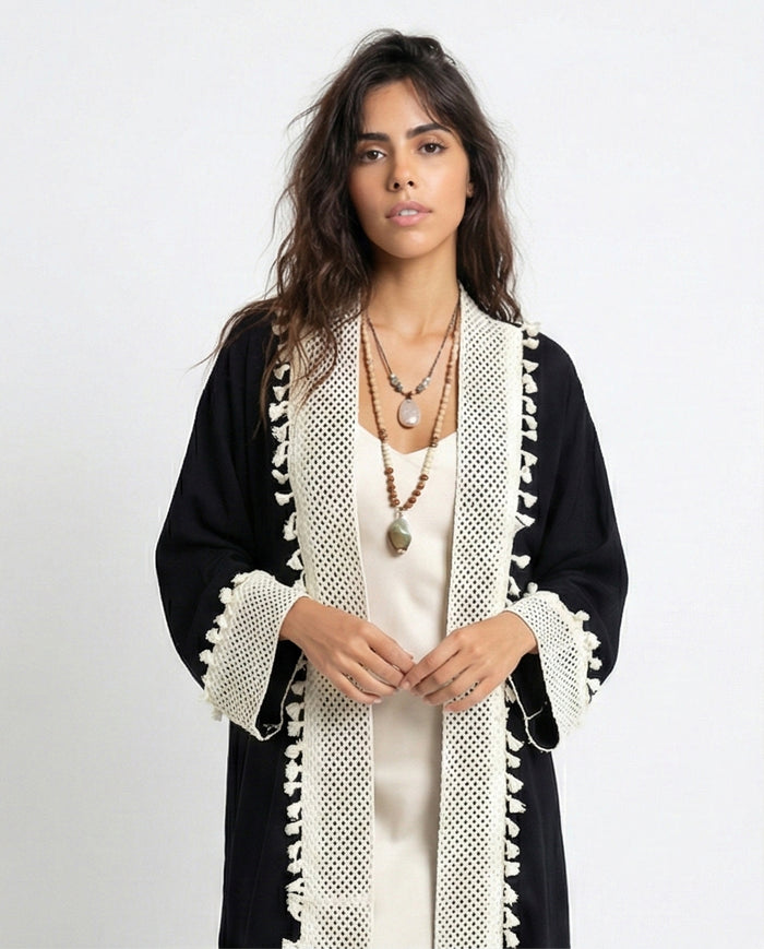 Bohemian Contrast Trim Longline Cardigan - O198046