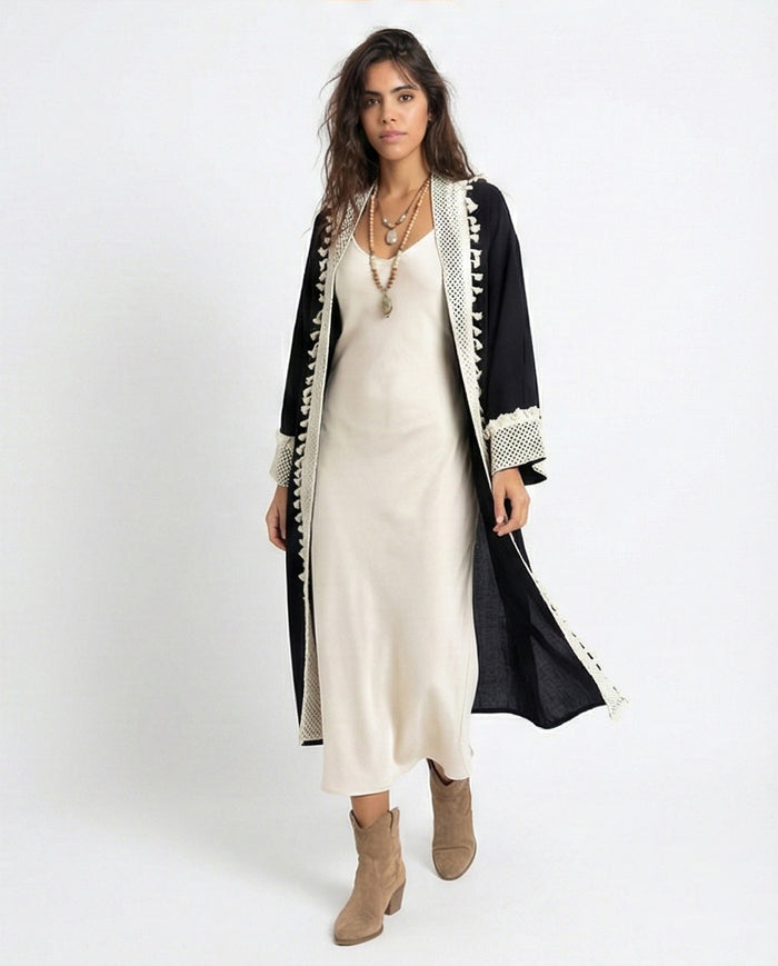 Bohemian Contrast Trim Longline Cardigan - O198046