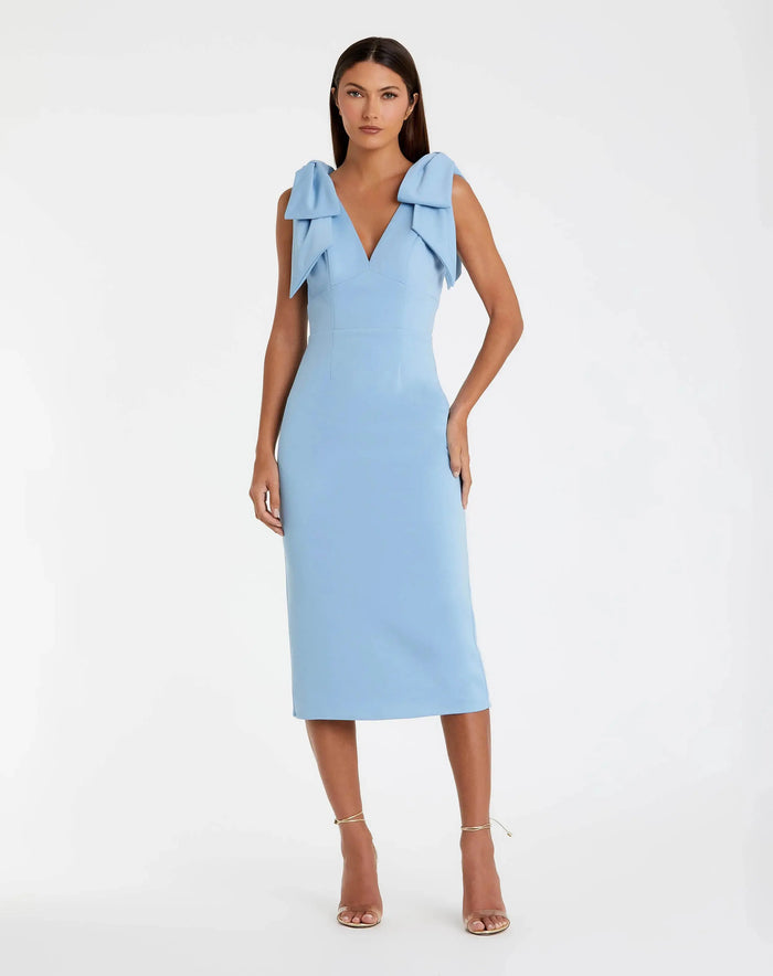 Blue Bow Strap Crepe Fitted Midi Dress - Ieena for Mac Duggal