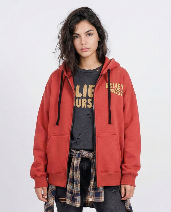 Burnt Orange Graphic Zip-Up Hoodie with Butterfly Back Print - O201146