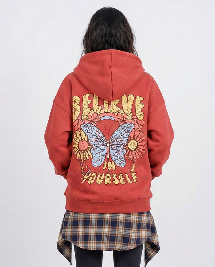 Burnt Orange Graphic Zip-Up Hoodie with Butterfly Back Print - O201146