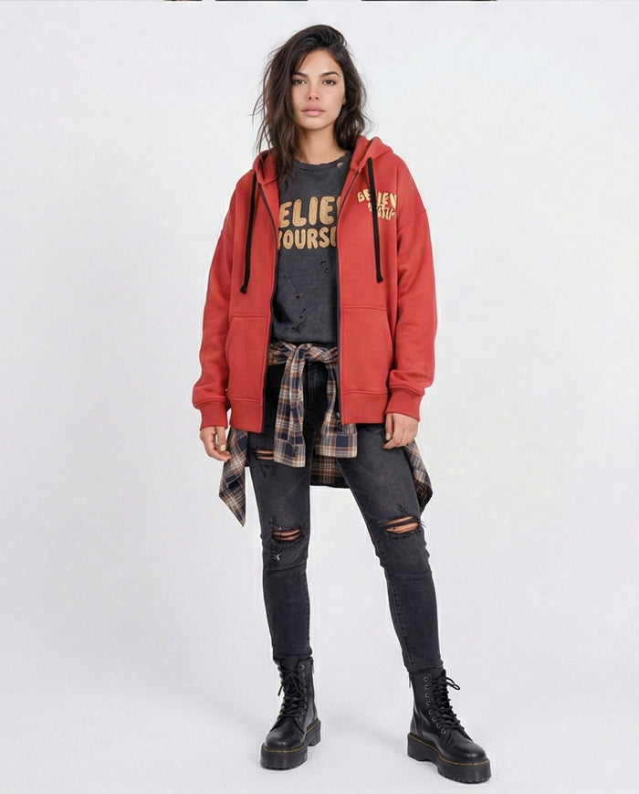 Burnt Orange Graphic Zip-Up Hoodie with Butterfly Back Print - O201146