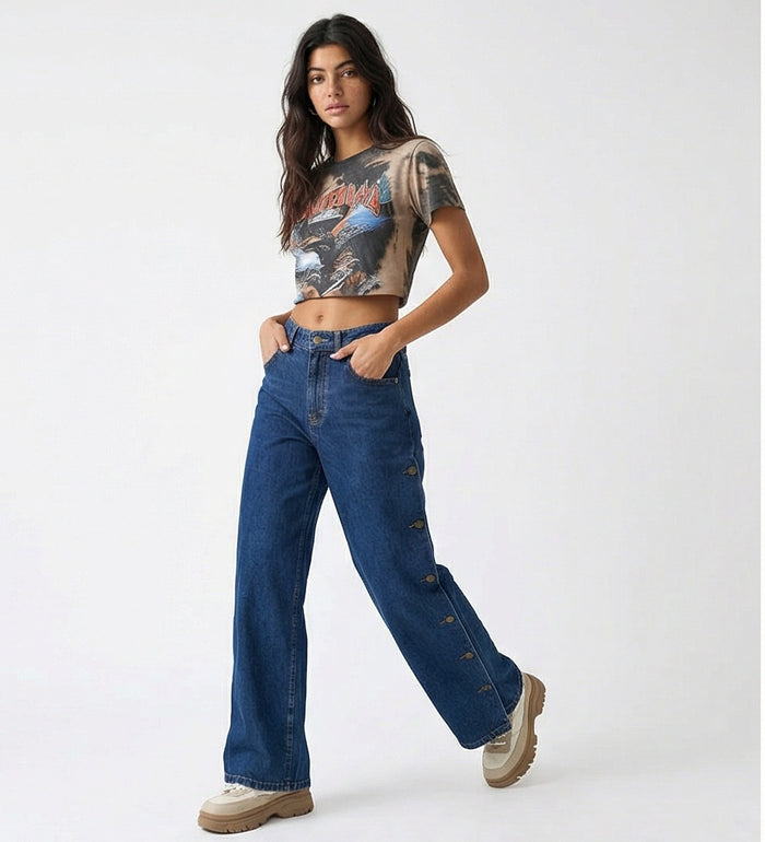 Button-Detail Wide Leg Indigo Jeans - R216411