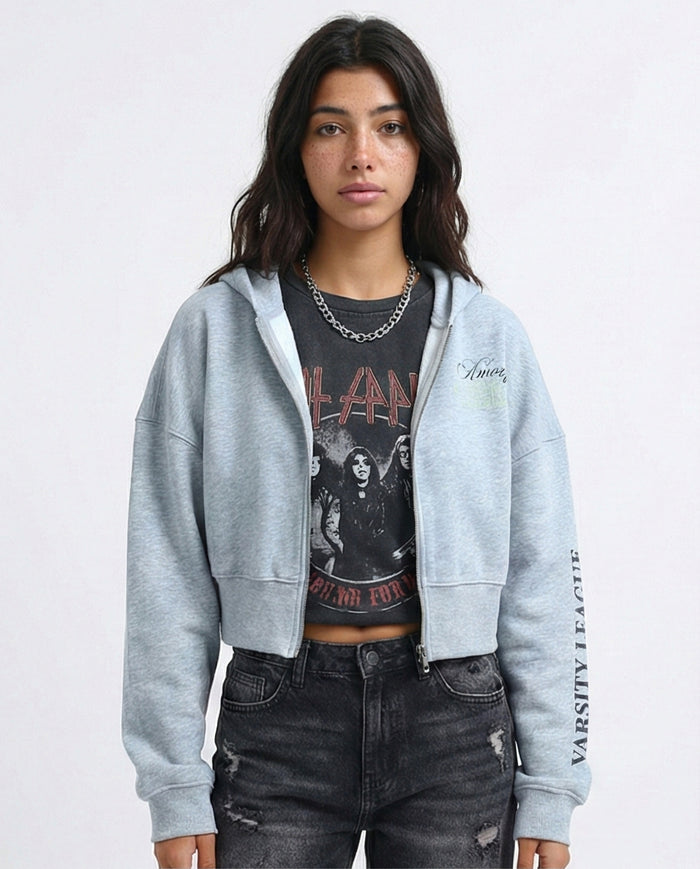 California Varsity Graphic Cropped Zip-Up Hoodie - O200149
