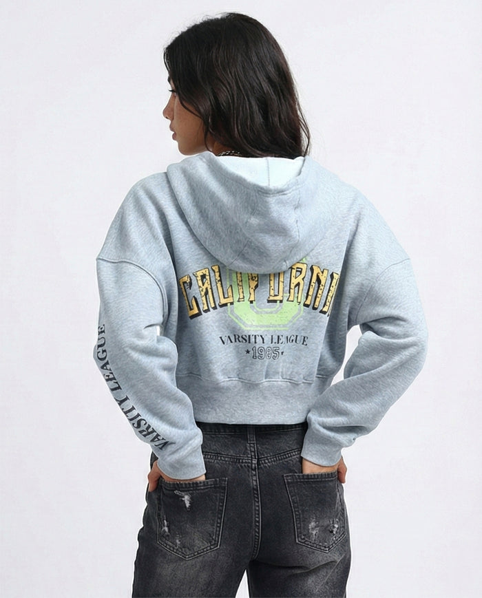 California Varsity Graphic Cropped Zip-Up Hoodie - O200149