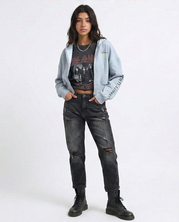 California Varsity Graphic Cropped Zip-Up Hoodie - O200149