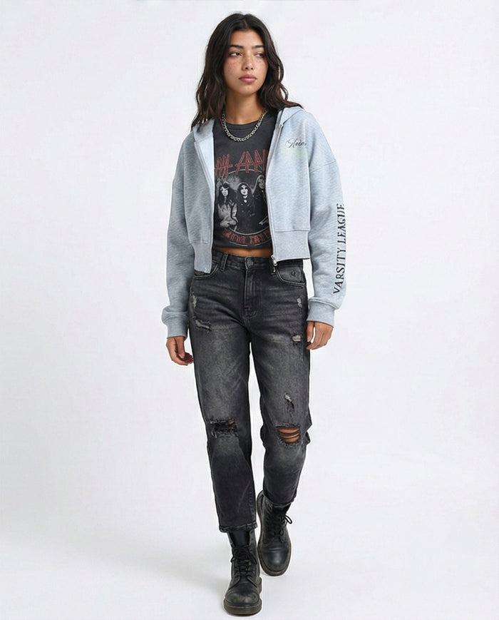 California Varsity Graphic Cropped Zip-Up Hoodie - O200149
