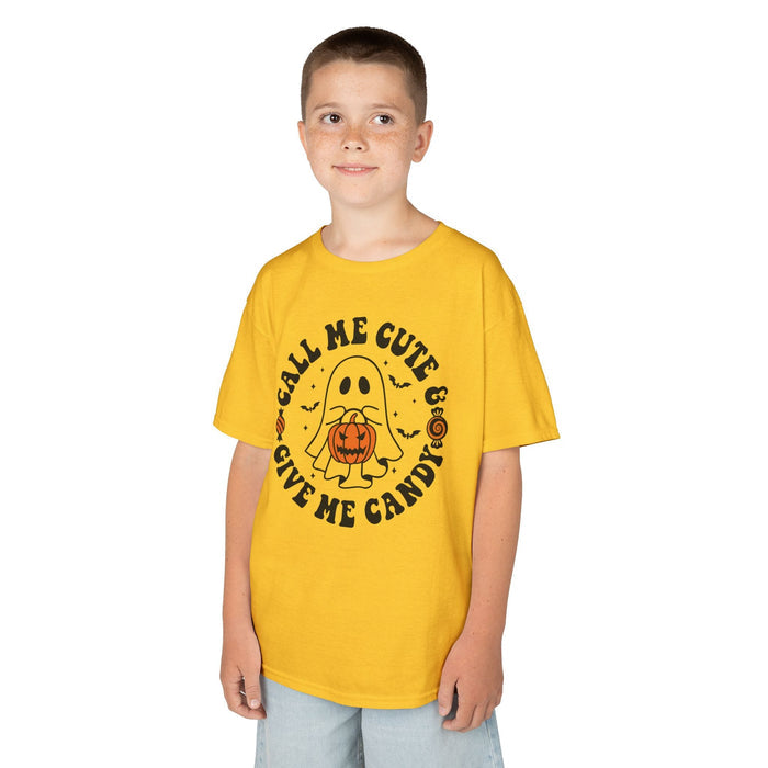 kids halloween ghost t-shirt with call me cute give me candy slogan in multiple colours
