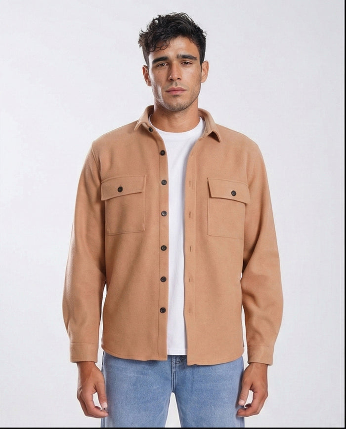 Camel Textured Double Pocket Overshirt - O203050