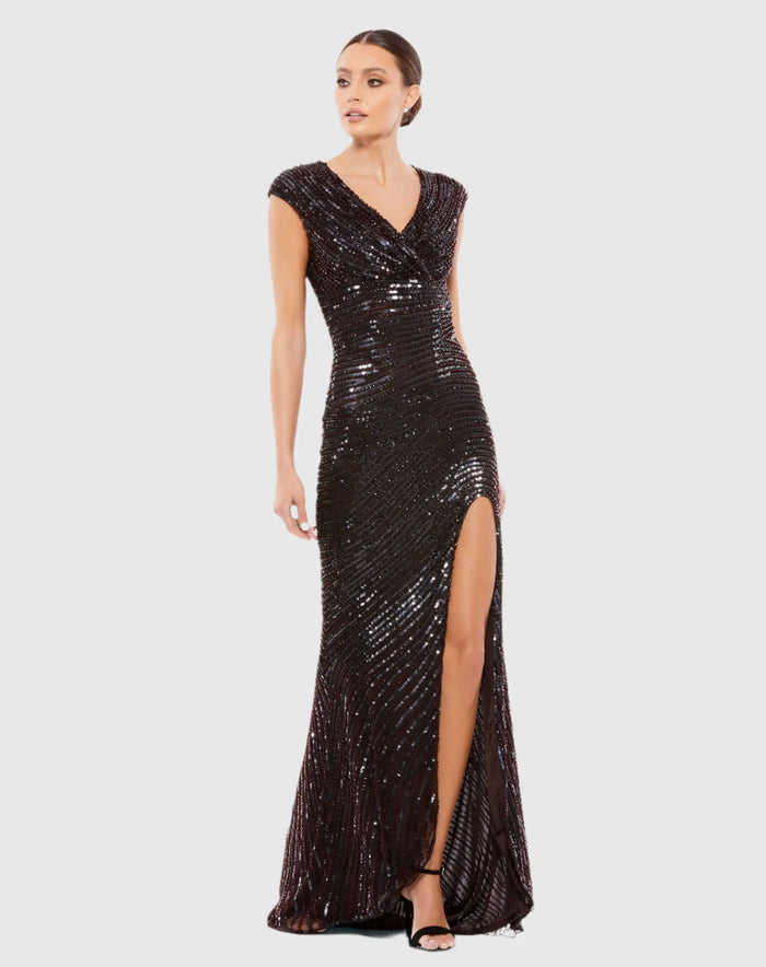 Brown Cap Sleeve Sequined Evening Gown - Mac Duggal