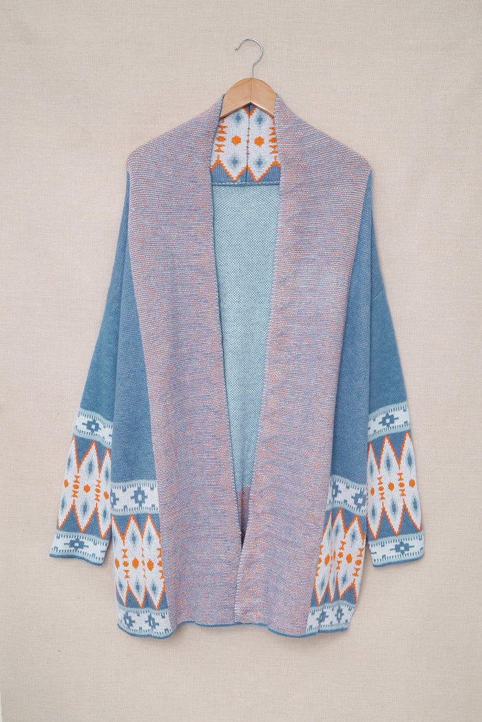 Cardigan tricoté bleu à imprimé aztèque ouvert sur le devant-A WOMAN WE LOVE
