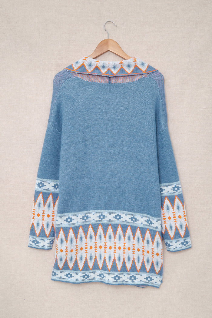 Cardigan tricoté bleu à imprimé aztèque ouvert sur le devant-A WOMAN WE LOVE