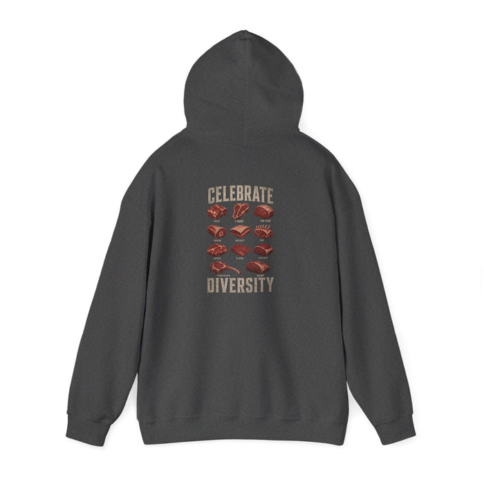 black hoodie with celebrate diversity bbq slogan design front view