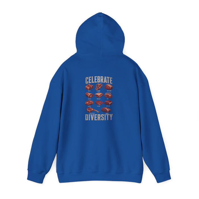 royal blue hoodie with celebrate diversity bbq funny design for grill masters