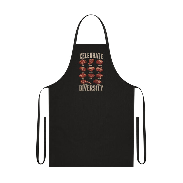 navy bbq apron with celebrate diversity meat cuts graphic funny bbq gift