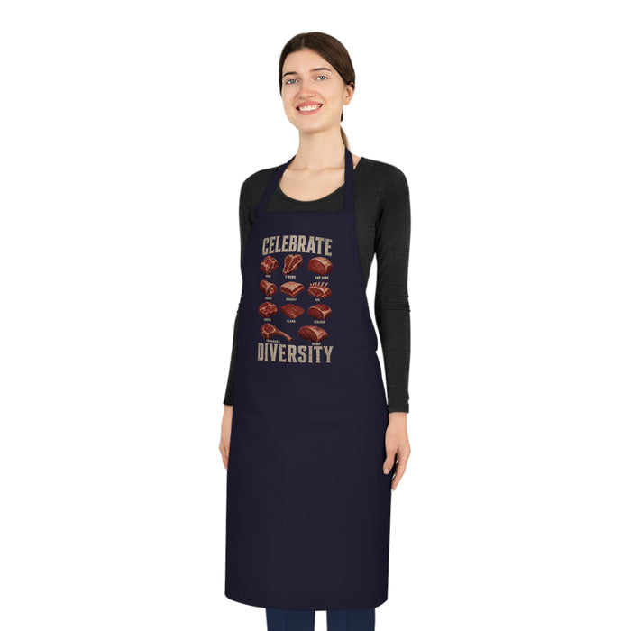 black apron with celebrate diversity bbq meat cuts print front view