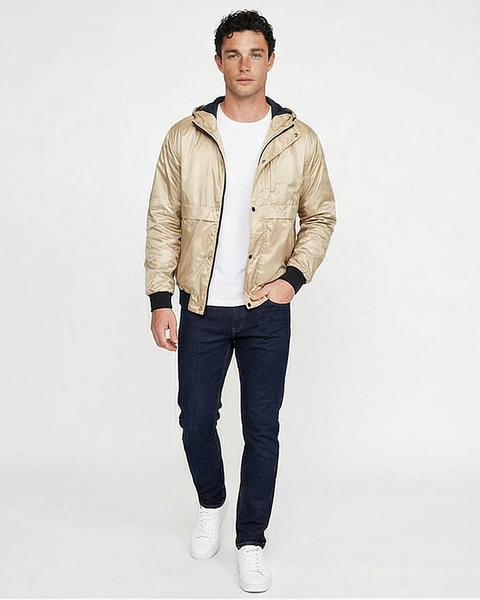 Champagne Metallic Hooded Bomber Jacket - R213111