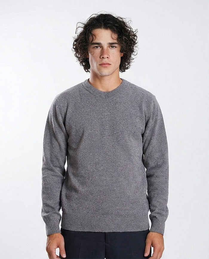 Charcoal Speckled V-Neck Knit Pullover - O198787