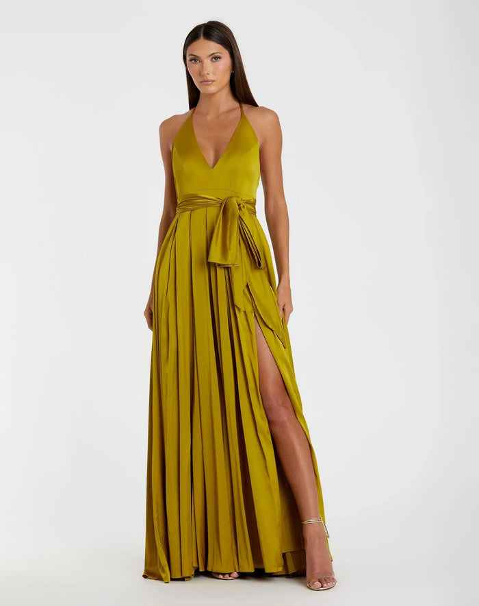 Charmeuse Halter Strap Soft Tie Waist Gown - Mac Duggal