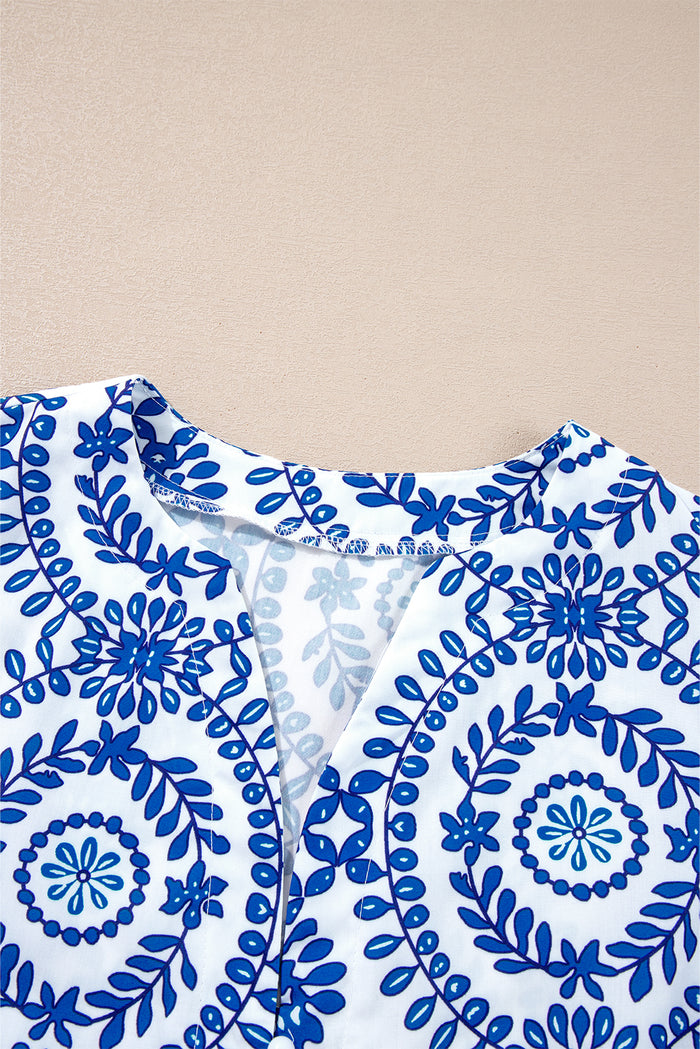 Chemise à col en V fendue à manches bouffantes et imprimé géométrique vintage bleu ciel-A WOMAN WE LOVE
