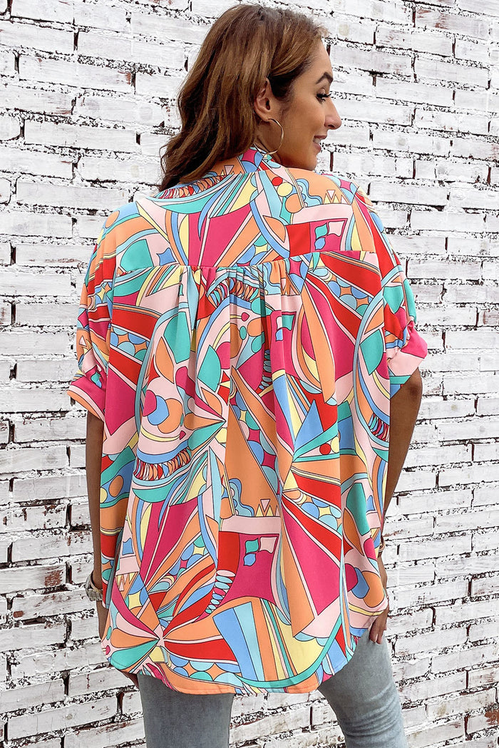 Chemise ample multicolore à manches mi-bouffantes et imprimé géométrique abstrait-A WOMAN WE LOVE