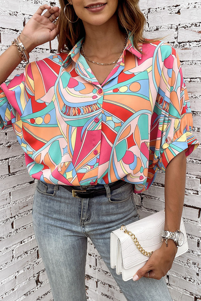 Chemise ample multicolore à manches mi-bouffantes et imprimé géométrique abstrait-A WOMAN WE LOVE