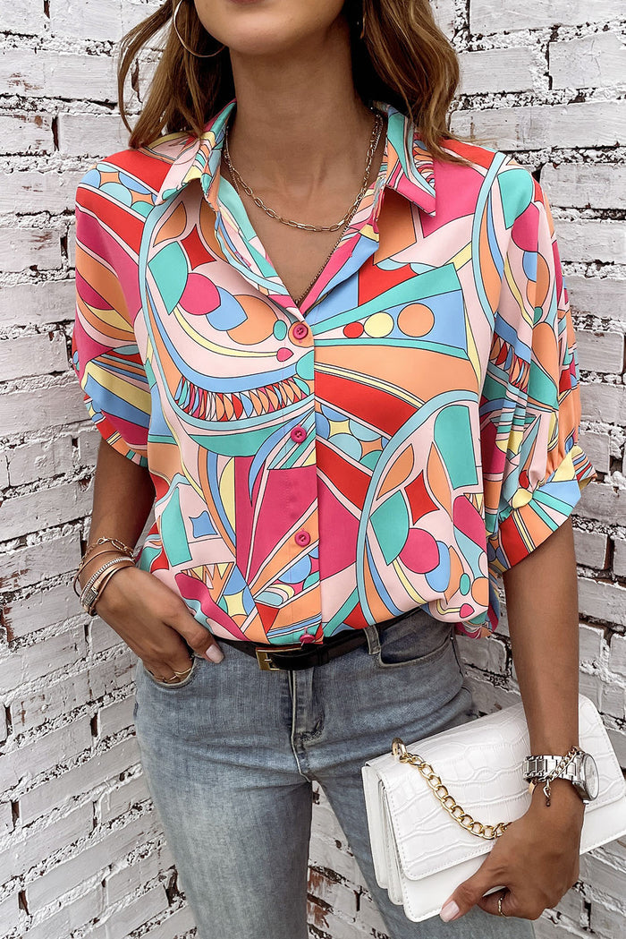 Chemise ample multicolore à manches mi-bouffantes et imprimé géométrique abstrait-A WOMAN WE LOVE