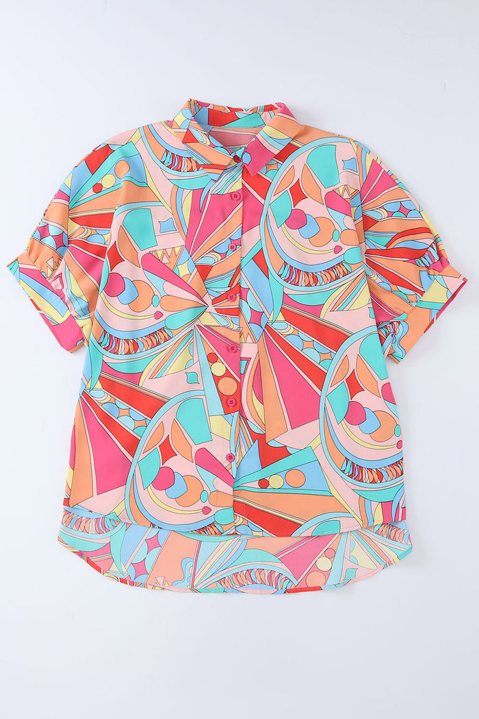 Chemise ample multicolore à manches mi-bouffantes et imprimé géométrique abstrait-A WOMAN WE LOVE
