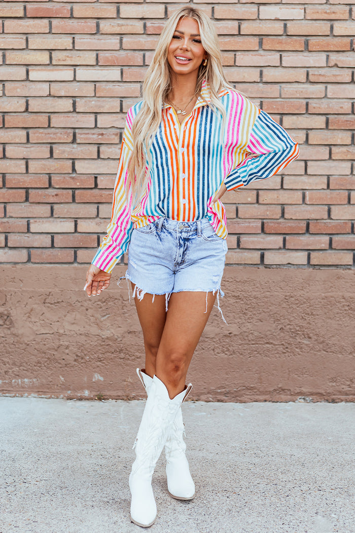 Chemise ample multicolore à rayures orange et épaules tombantes-A WOMAN WE LOVE