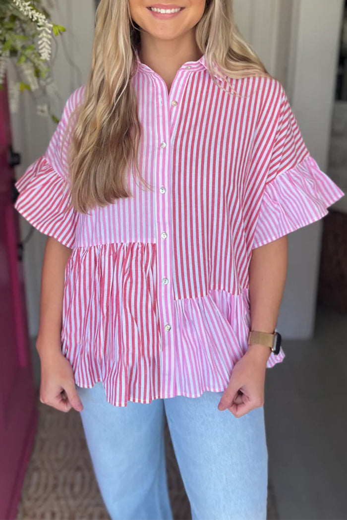 Chemise boutonnée à rayures roses et ourlet à volants en patchwork-A WOMAN WE LOVE