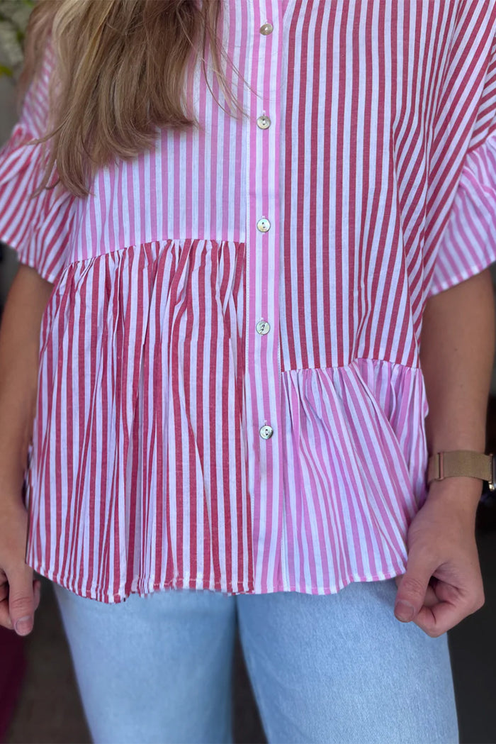 Chemise boutonnée à rayures roses et ourlet à volants en patchwork-A WOMAN WE LOVE