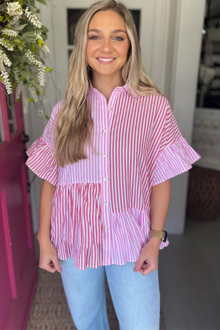 Chemise boutonnée à rayures roses et ourlet à volants en patchwork-A WOMAN WE LOVE