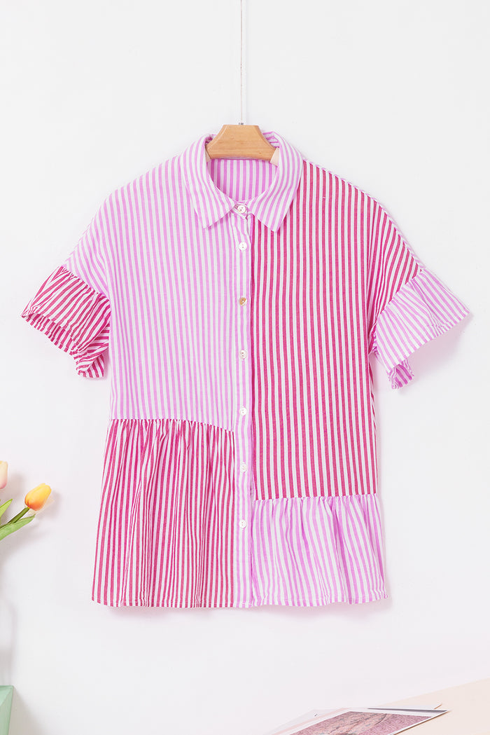 Chemise boutonnée à rayures roses et ourlet à volants en patchwork-A WOMAN WE LOVE