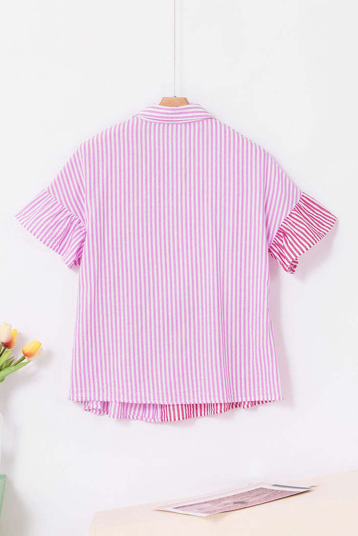 Chemise boutonnée à rayures roses et ourlet à volants en patchwork-A WOMAN WE LOVE