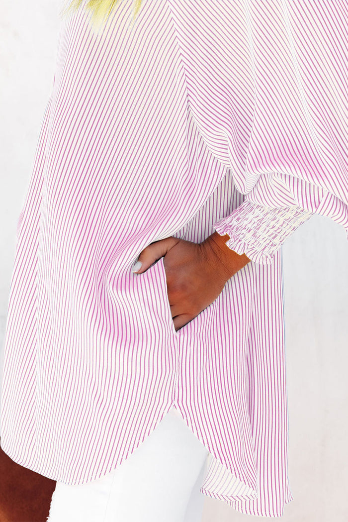 Chemise boyfriend rayée rose à revers et smocks avec poche-A WOMAN WE LOVE