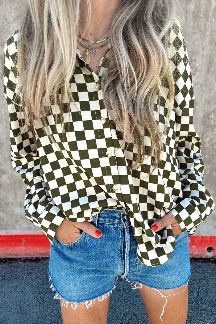 Chemise décontractée ample imprimée à damier à épaules tombantes verte-A WOMAN WE LOVE