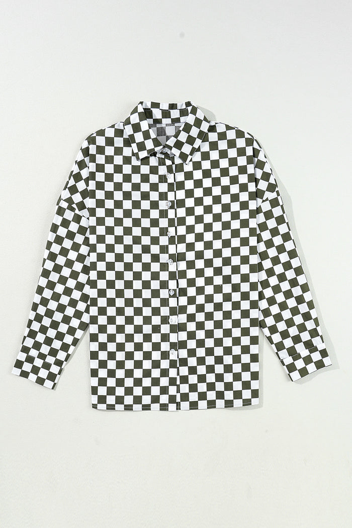 Chemise décontractée ample imprimée à damier à épaules tombantes verte-A WOMAN WE LOVE