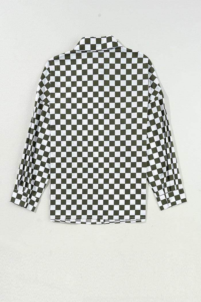 Chemise décontractée ample imprimée à damier à épaules tombantes verte-A WOMAN WE LOVE
